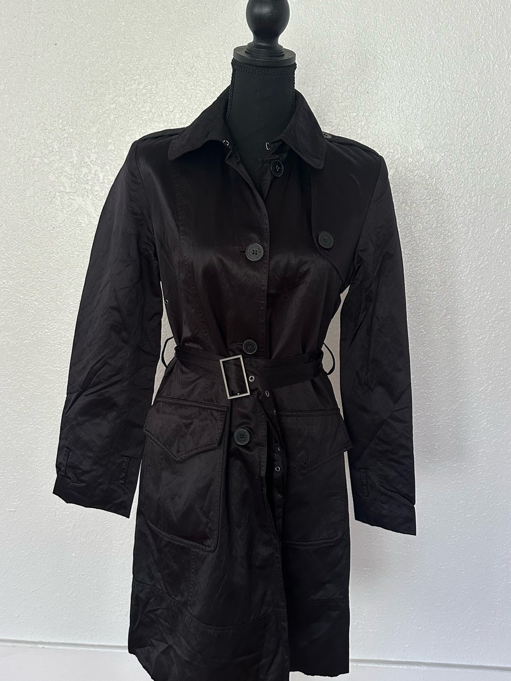 DKNY Black Belted Trench Coat with Flap Pockets